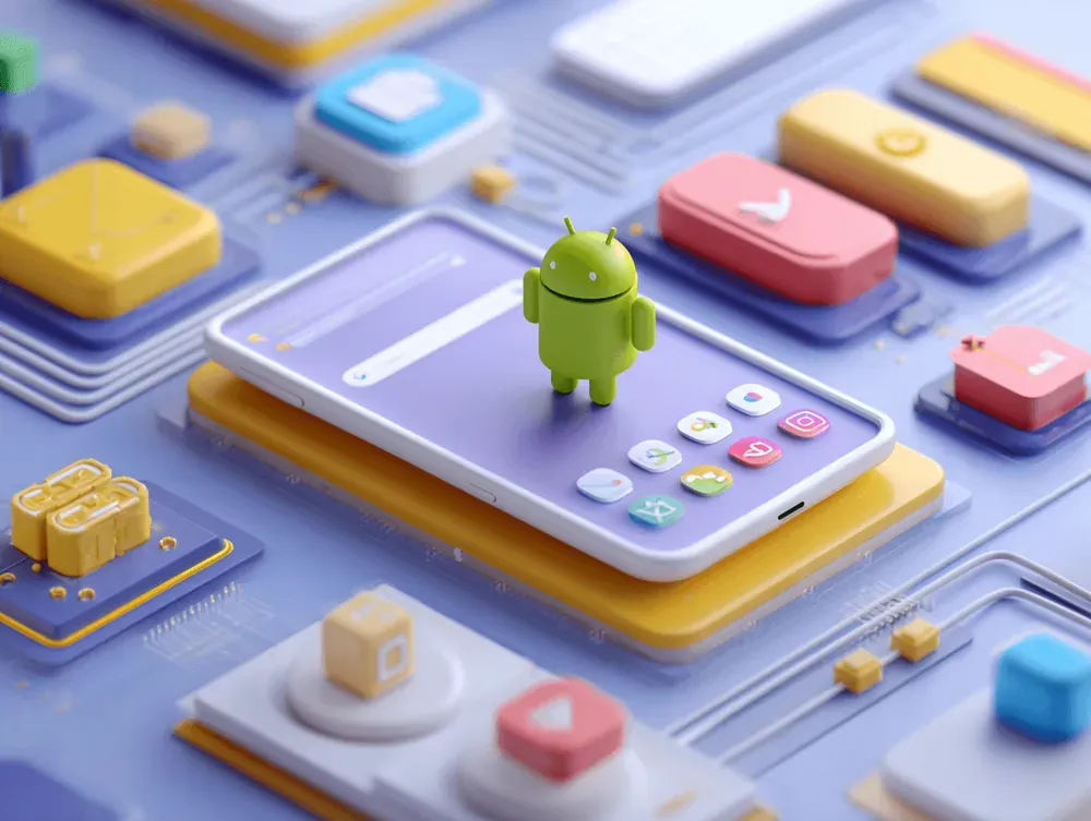 Android mascot standing on a smartphone displaying apps atop a blue circuit-board with colorful icons