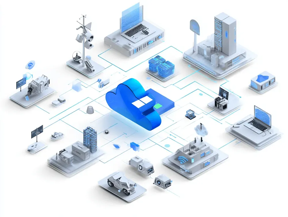 Azure IoT Hub network diagram showing a blue cloud connected to multiple devices and edge equipment in a cloud servic…