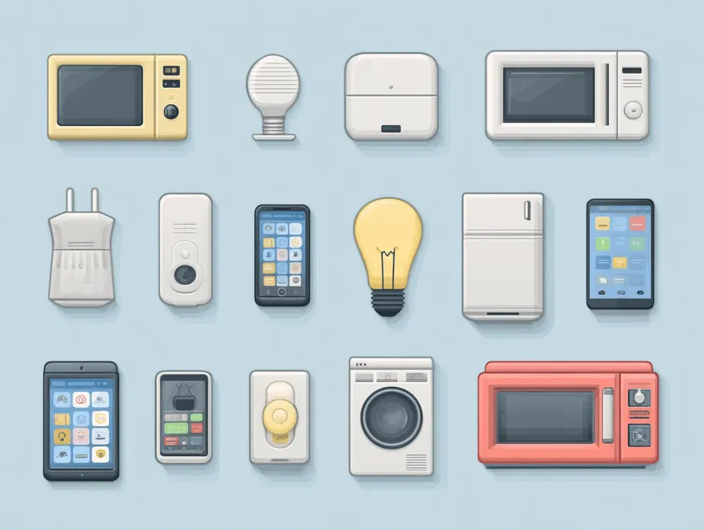 IoT smart devices icon set including appliances and gadgets on a blue background