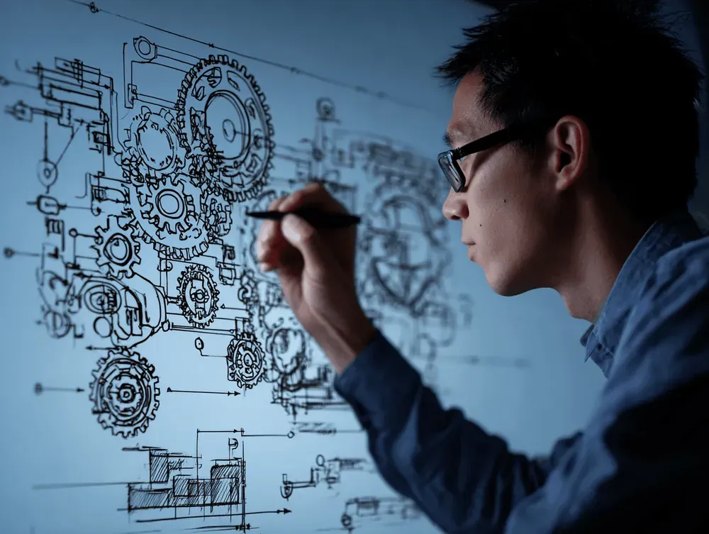 UK software consultant sketching a complex gear-based systems integration diagram on a whiteboard