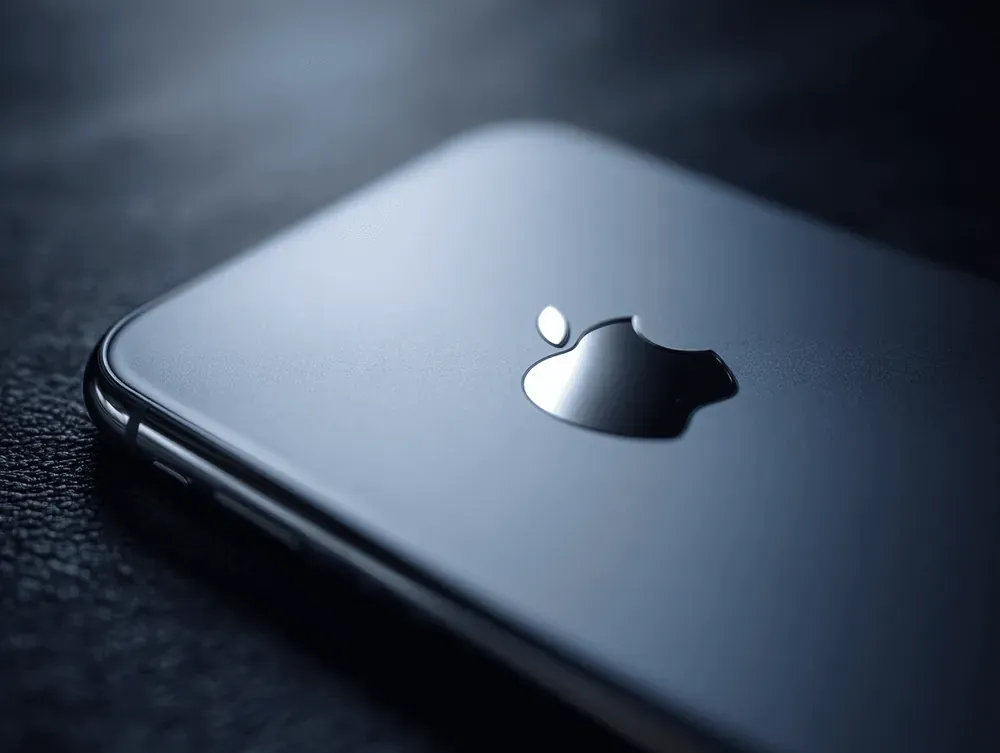 Close-up of a silver iPhone back with the Apple logo, image used for Apple app development service
