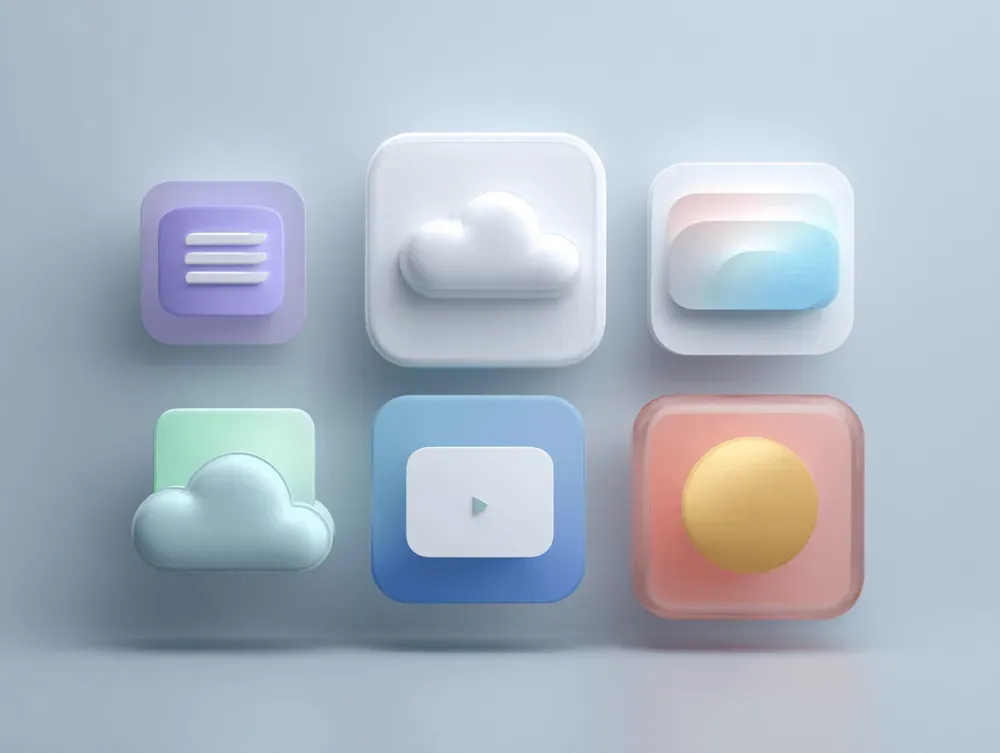 Nine glossy 3D pastel app icons, including cloud imagery, arranged in a grid for Cloud App Integration
