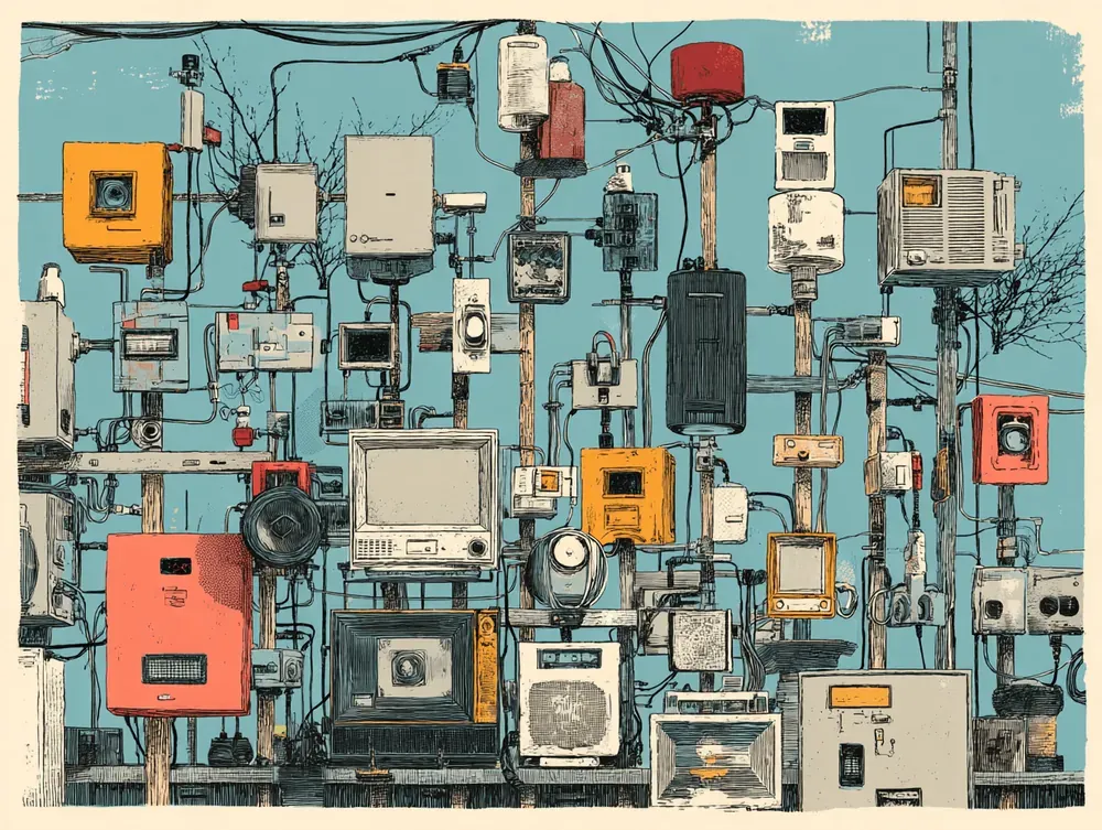 Retro hardware grid of monitors, boxes and cables illustrating IoT and cloud services