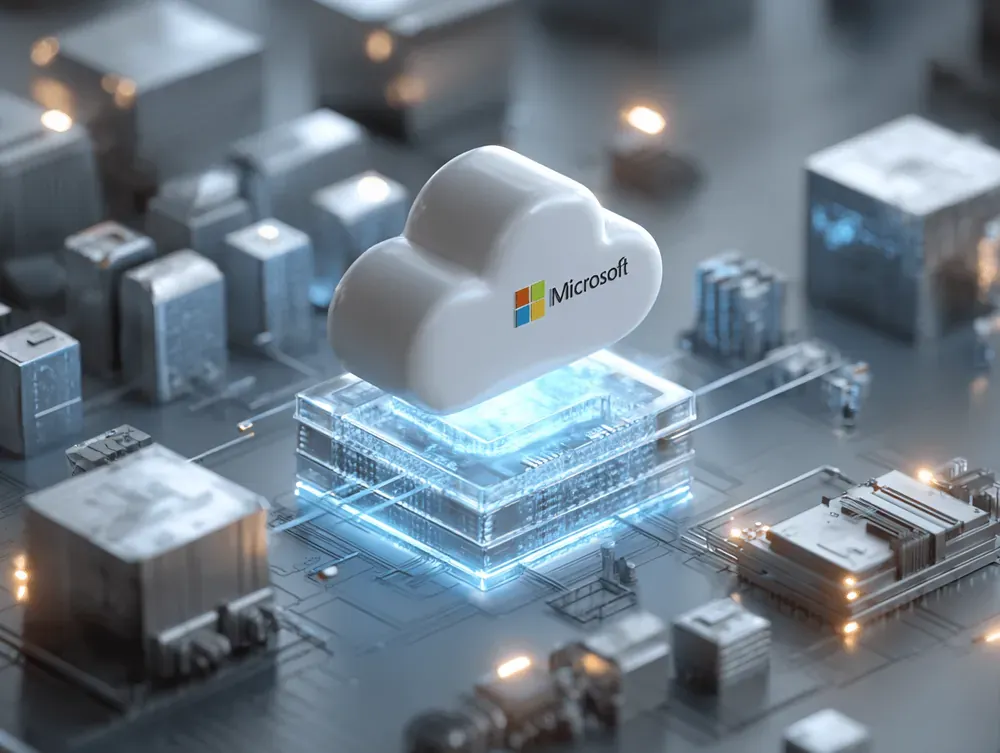 Microsoft cloud logo hovering above a glowing circuit-board platform representing Azure cloud development