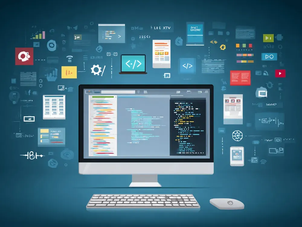 Desktop computer with code editor on screen, surrounded by floating UI icons on a blue background