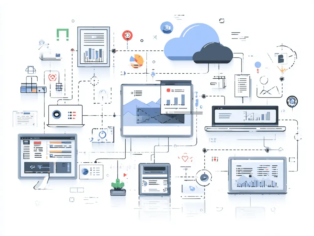 Diagrammatic illustration of interconnected devices and dashboards linking cloud and on-prem systems for web services…